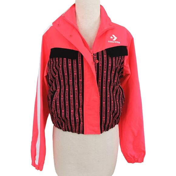 Converse Track Jacket Neon Pink Black Spellout High Neck Zip Up Snap Button Sz S - Picture 2 of 5